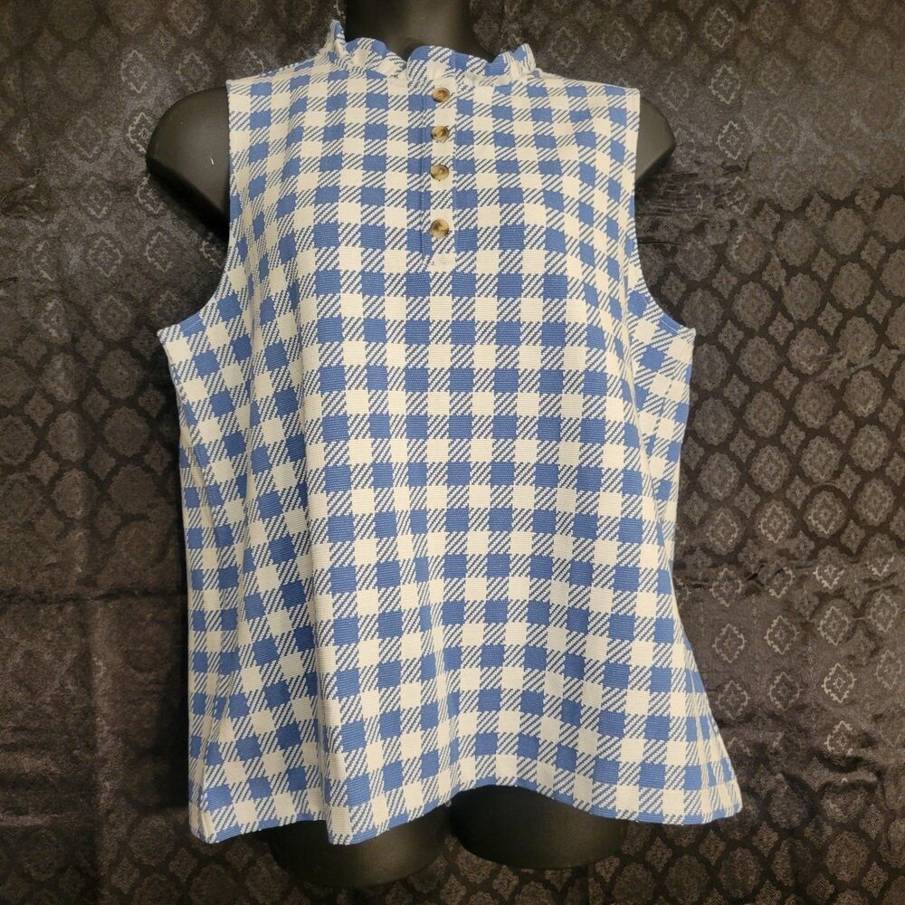 Ann Taylor Top women's size XXL Blue Gingham Ruffle Neck Henley Cottagecore NWT